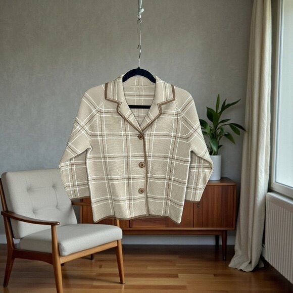 Vintage Sweaters - Vintage 50s Tan Cardigan Sweater Boxy Wool Double Knit Windowpane Plaid Size 10